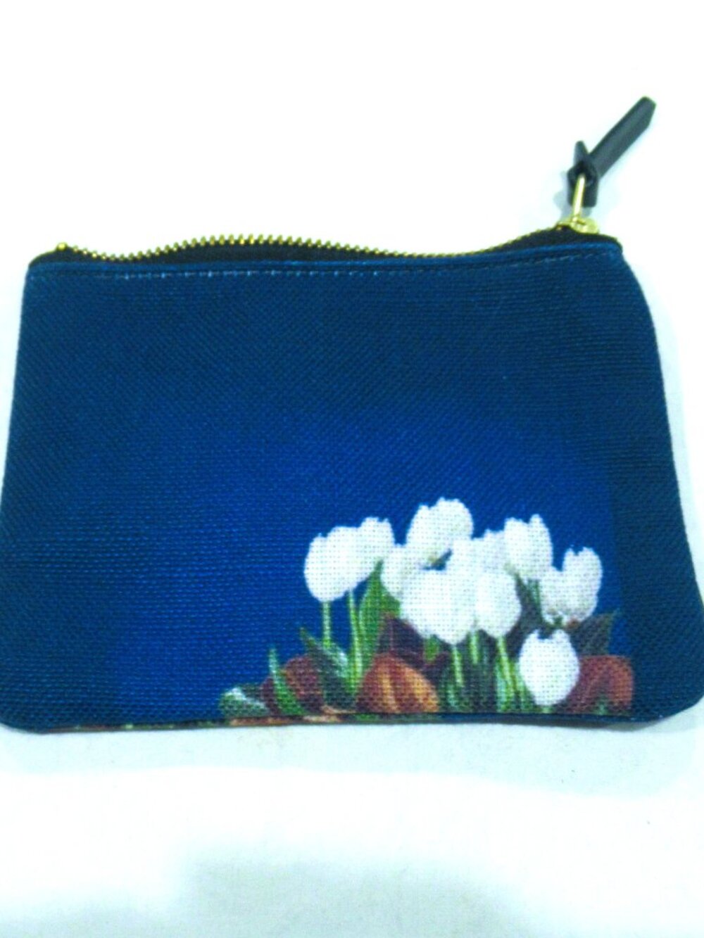 Society 6 blue cosmetic bag, white lilies, 6-1/2" wide